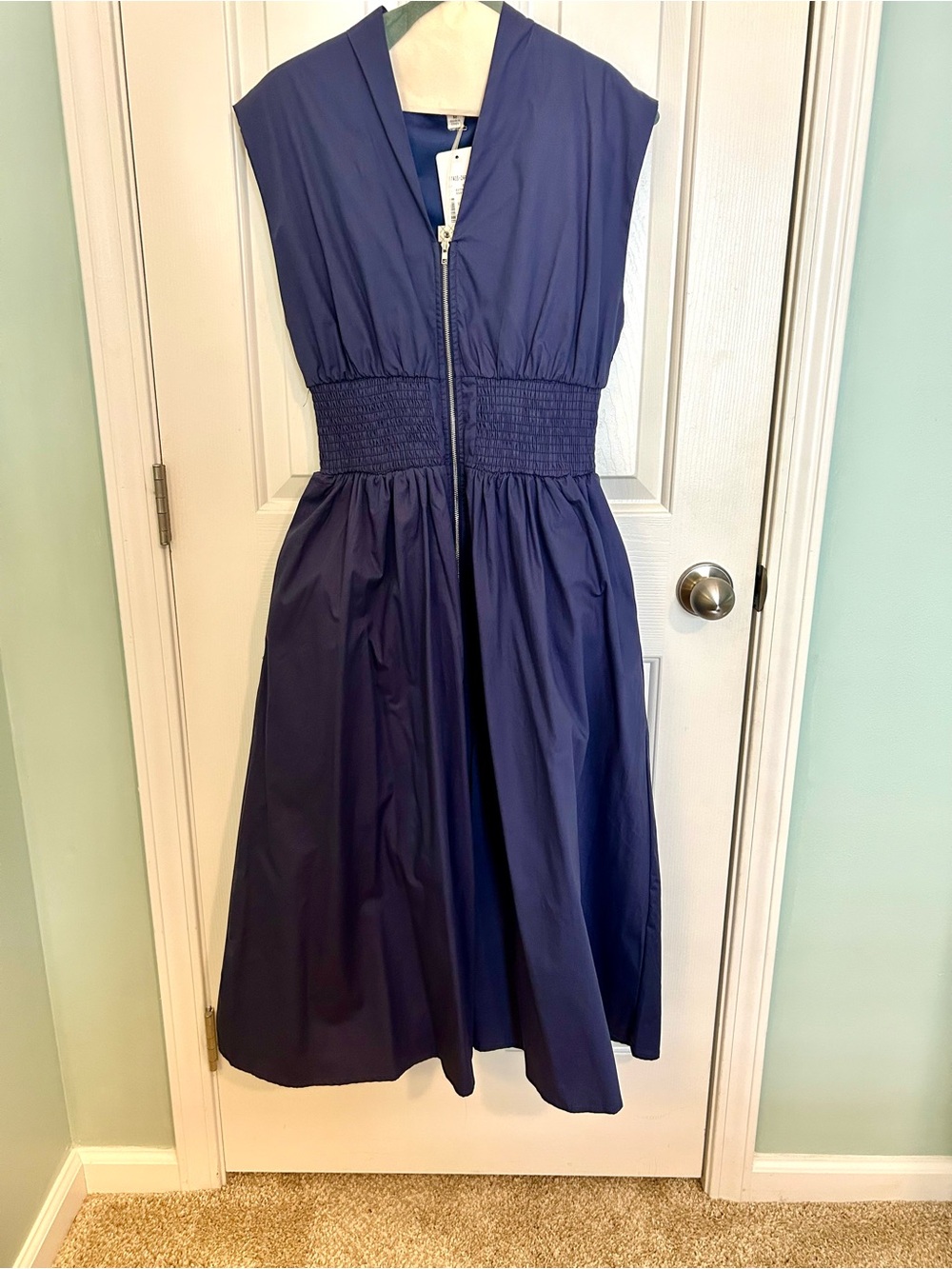 Women’s Navy Sleeveless Zip Front Dress with Smocked Waist  & side pockets